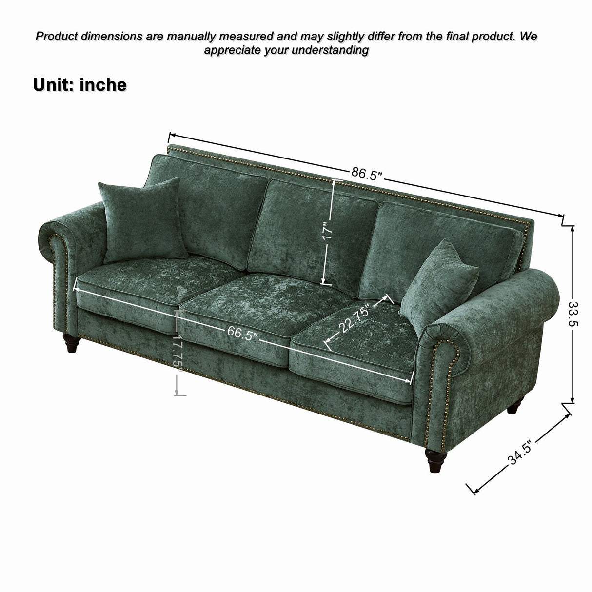 Modern 3 And 2 Seater Sofa With Rolled Arms, Tufted Upholstered Couch