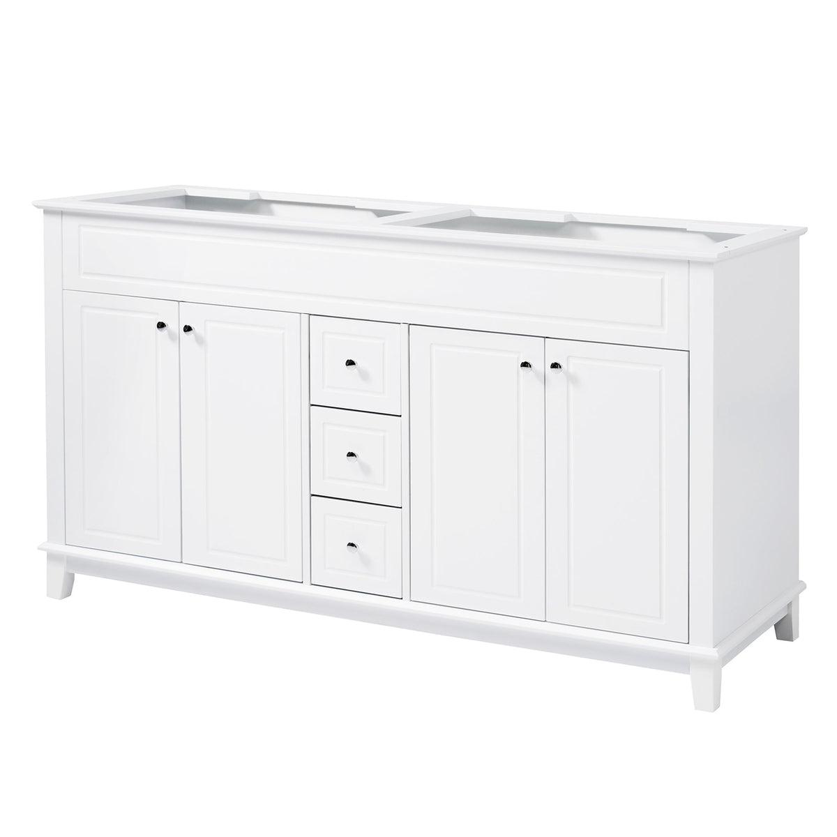 Bathroom Vanity Cabinet Only, 3 Drawers & 4 Doors & Double Layer Shelves - White