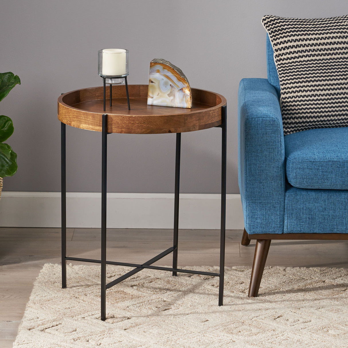 Modern Industrial Round End Table With Tray Top And Foldable Iron Legs - Natural