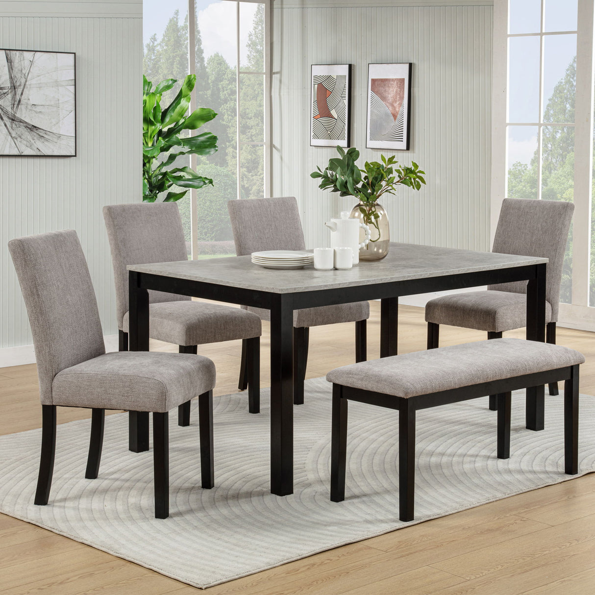 6 Piece Dining Table Set With Bench And Chairs