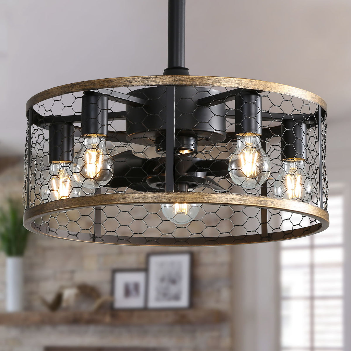 Industrial Caged Ceiling Fan With 7-Abs Blades Remote Control, Small Ceiling Fan Reversible Dc Motor With Etl Certificate - Black / Gold