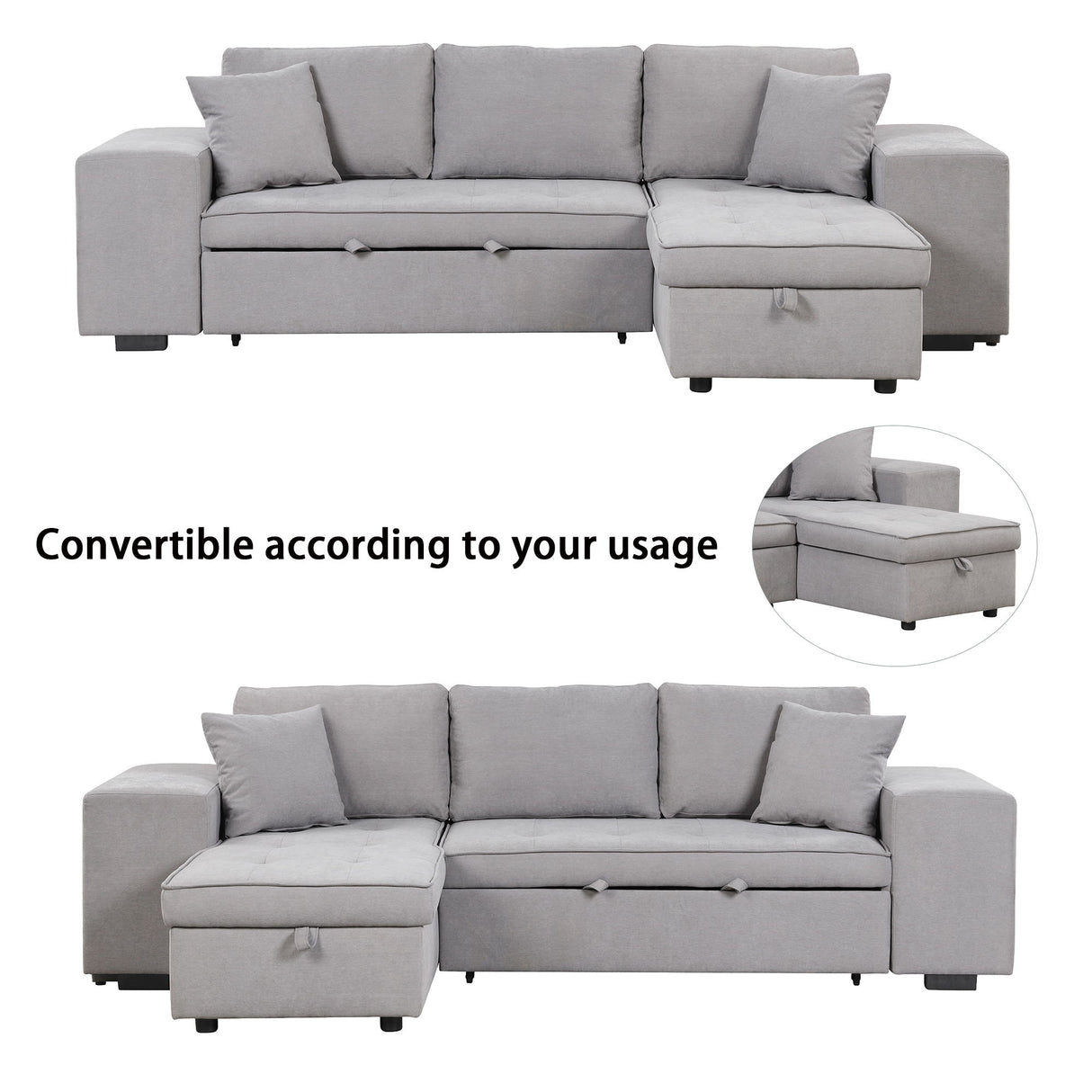 Modern L-Shape 3 Seat Reversible Sectional Couch, Pull Out Sleeper Sofa With Storage Chaise And 2 Stools For Living Room Furniture Set