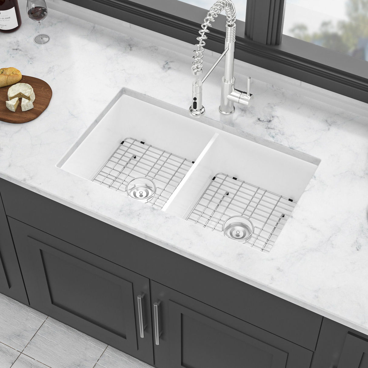 Elegant Dual Mount 32" Undermount Double Bowl Ceramic Kitchen Sink - White