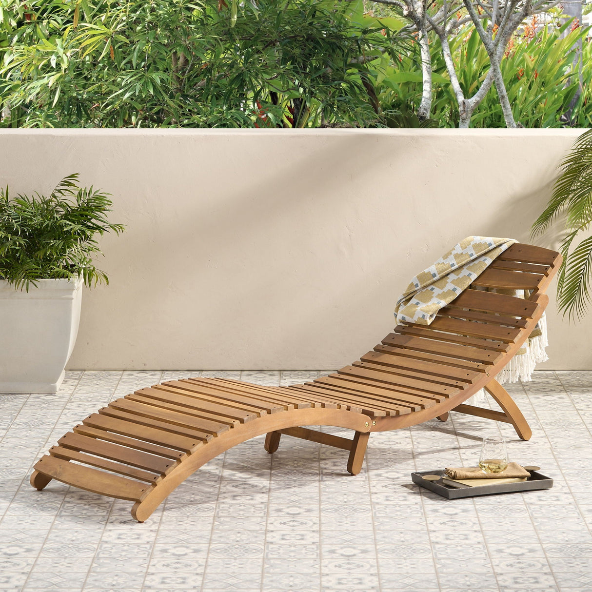 Outdoor Wood Folding Chaise Lounge - Brown
