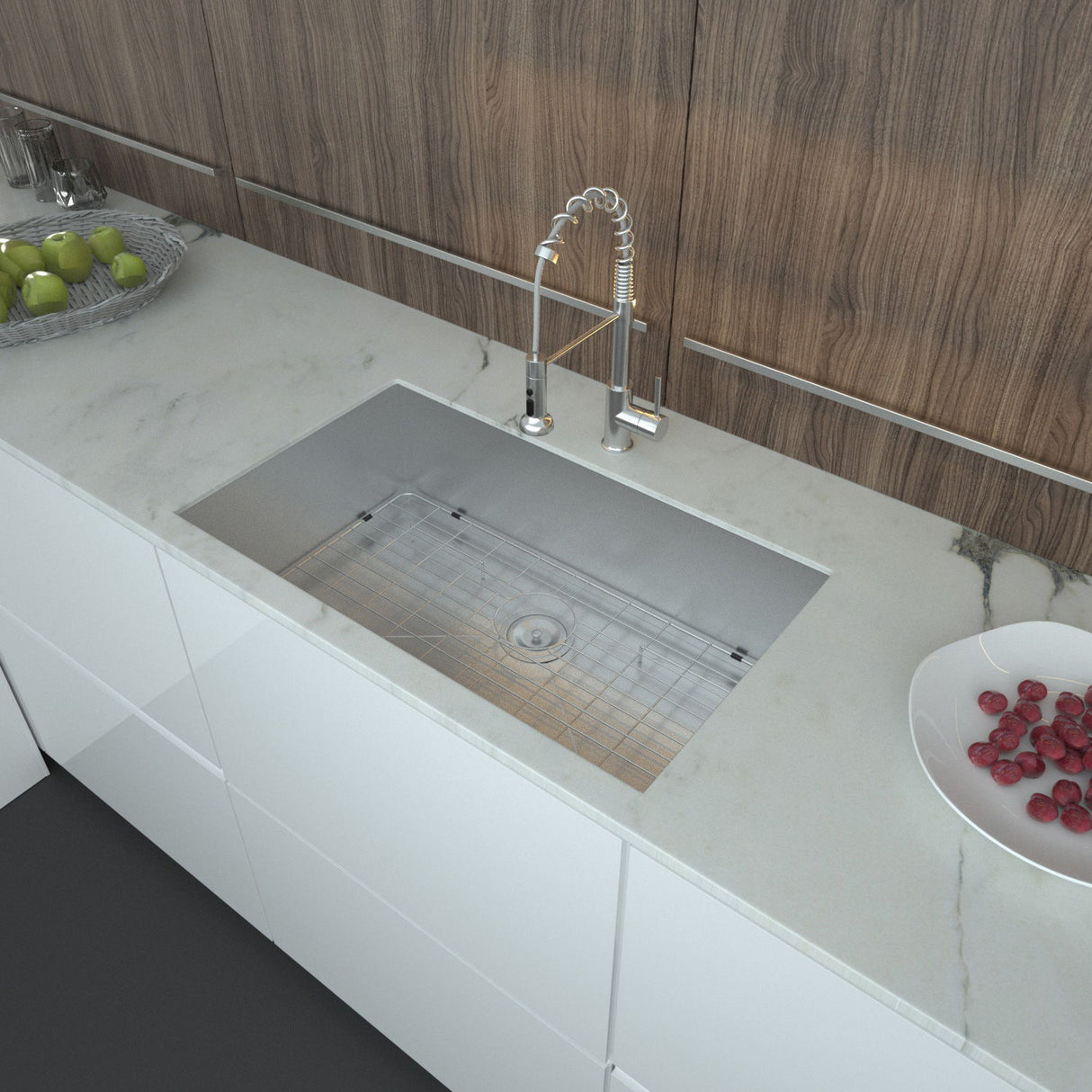 32" Undermount Kitchen Sink With, Single Bowl - Brushed Nickel