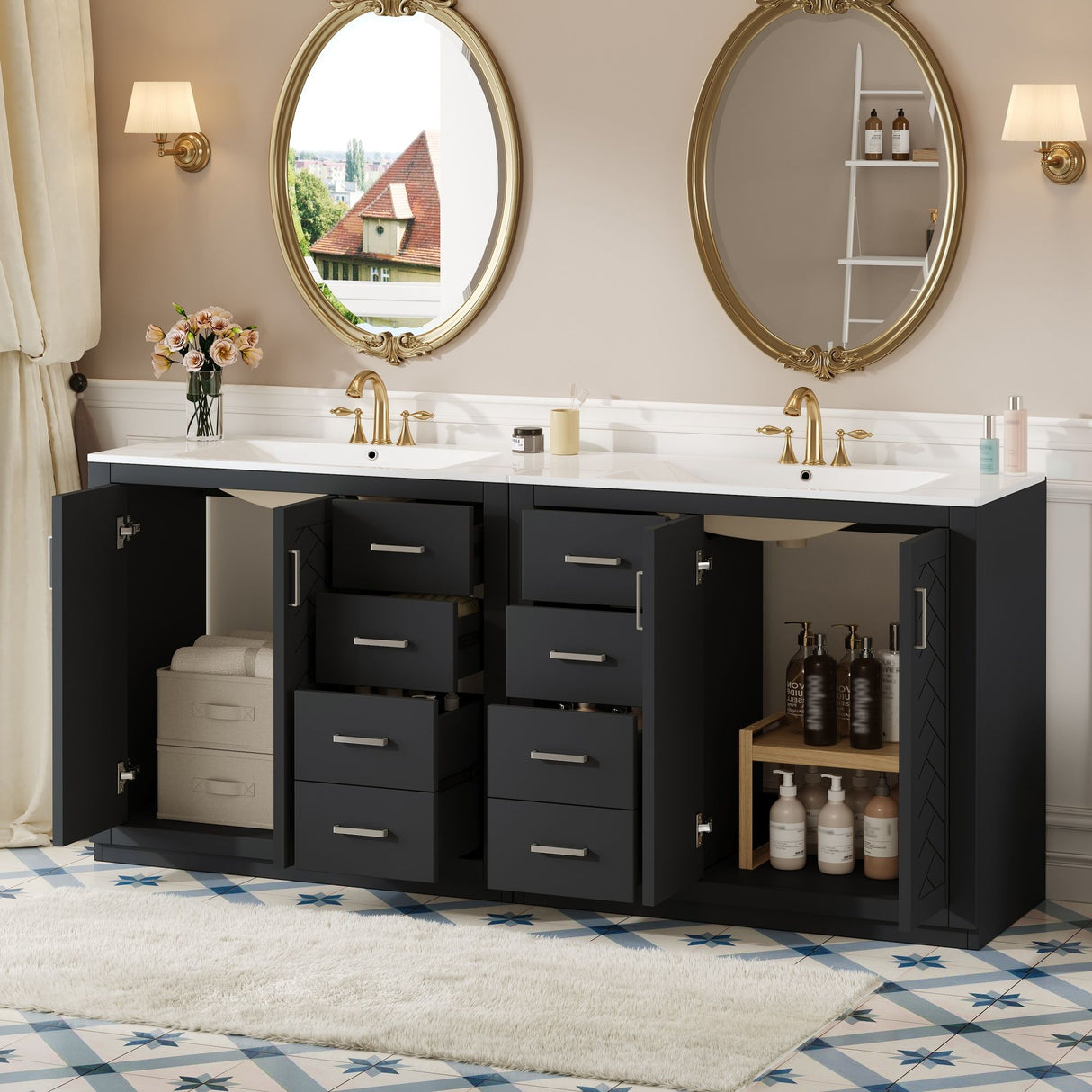 Modern Bathroom Vanity With Ceramic Sink, 6 Drawers & Soft-Close Doors