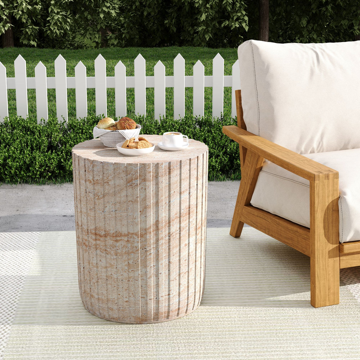 Elegant Outdoor / Indoor Lightweight Concrete Side Table With Travertine - Beige