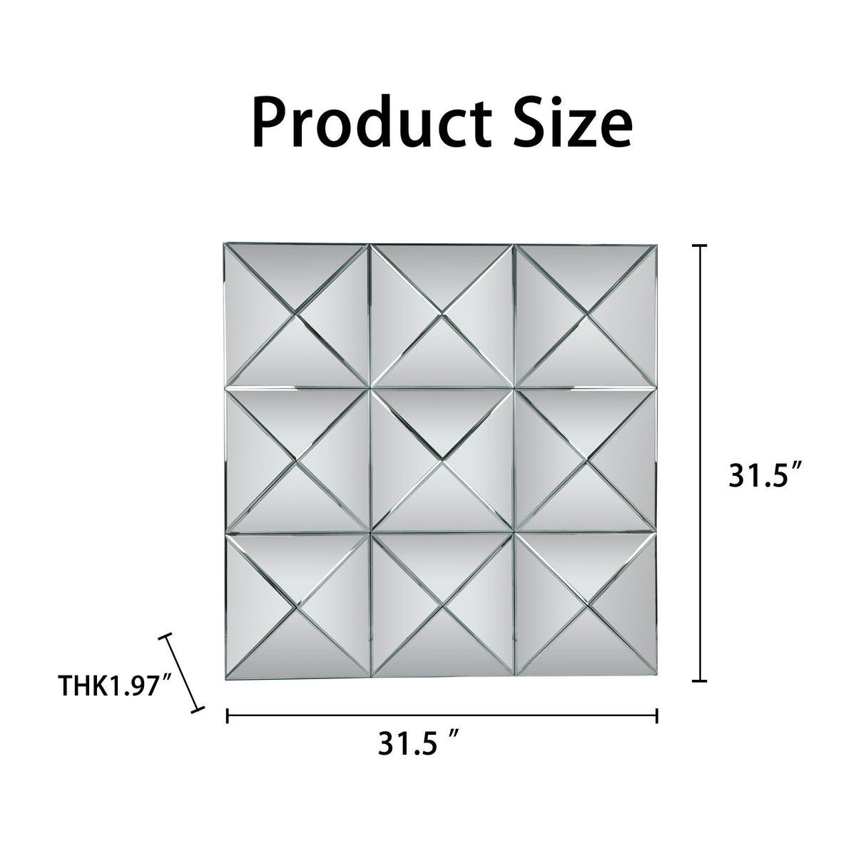 3D Beveled Wall Mirror With Frame, Large Square Design For Living Room - Silver
