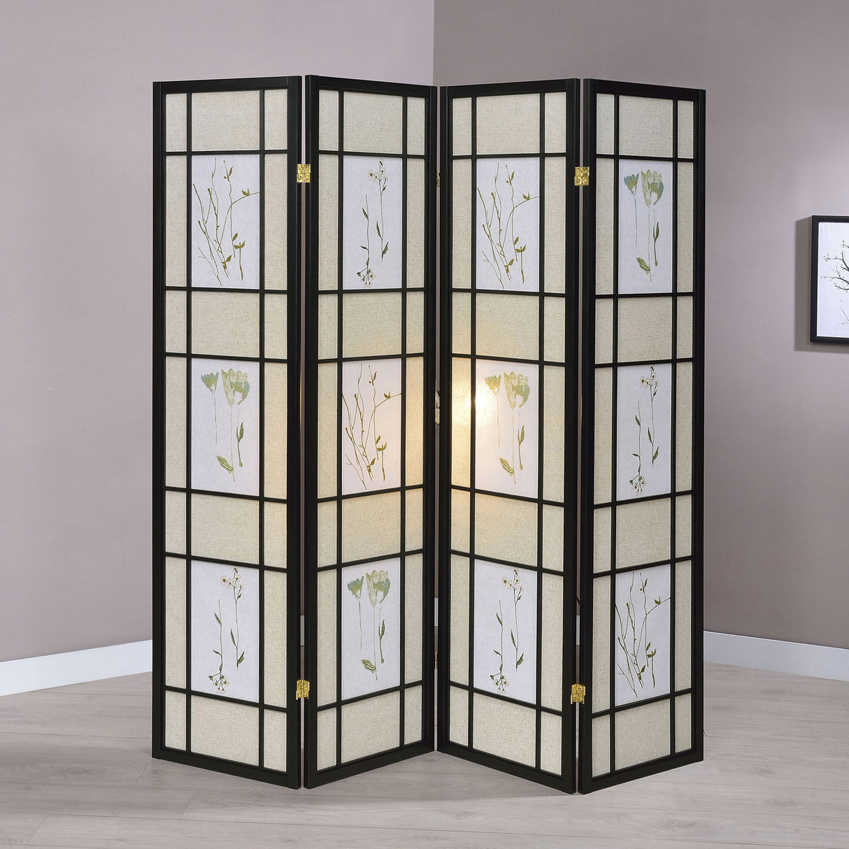 4 Panel Folding Screen With Floral Motif - Black
