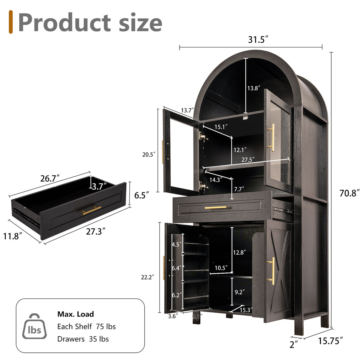 Arched Kitchen Pantry Cabinet With Glass Door, Storage Cabinet With Adjustable Shelves & Barn Door - Black