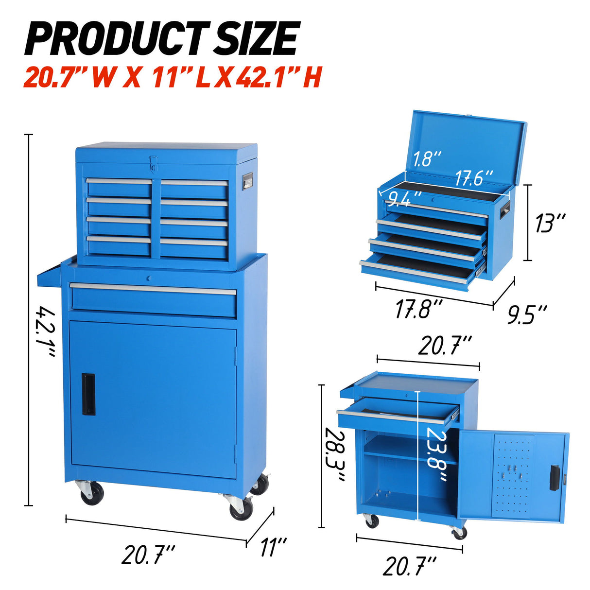 Tool Chest, 5 Drawer Rolling Tool Storage Cabinet With Detachable Top Tool Box, Liner, Universal Lockable Wheels, Adjustable Shelf, Locking Mechanism, Metal Tool Cart For Garage Workshop