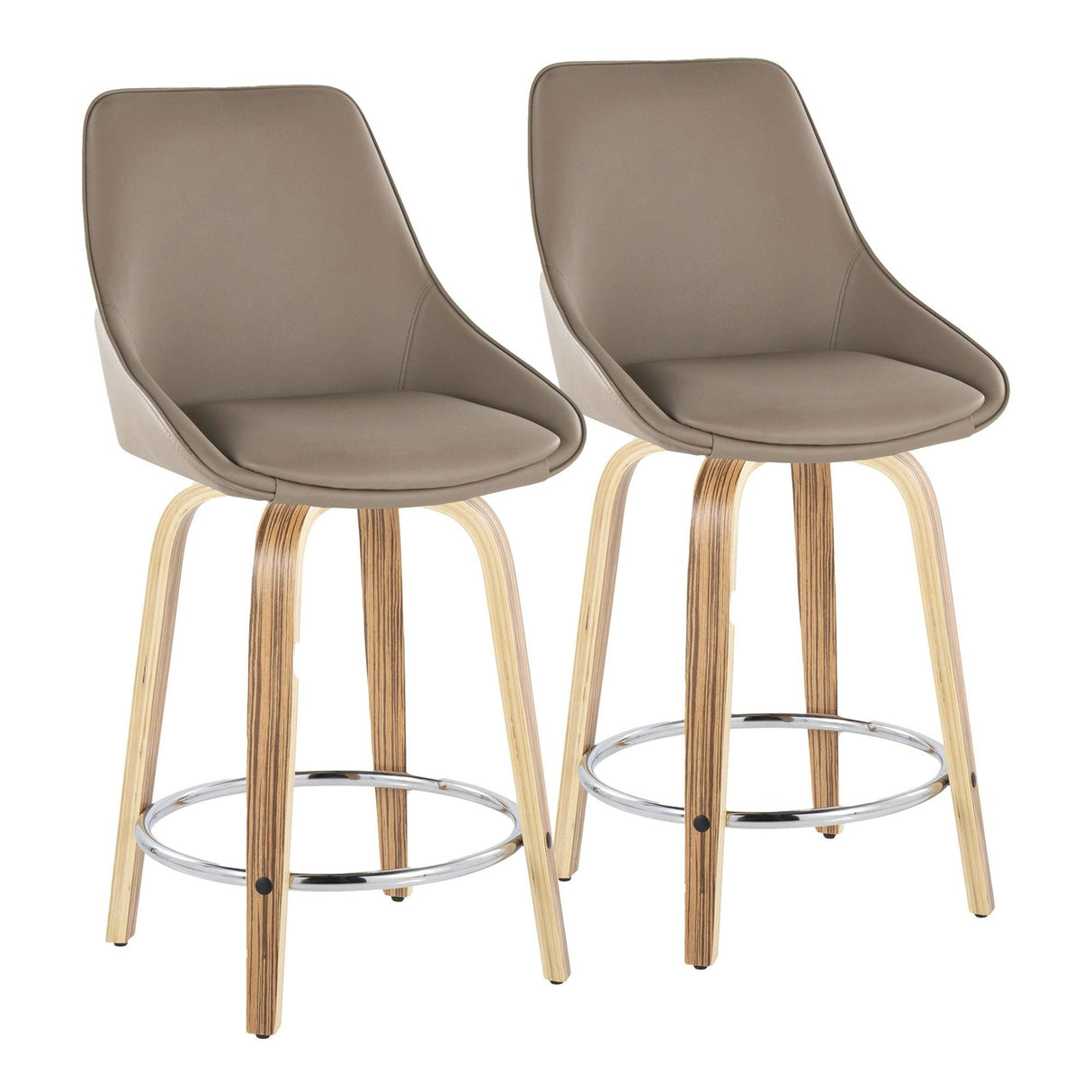 Diana - 24" Fixed-Height Counter Stool With Swivel And Round Chrome Metal Footrest (Set of 2) - Zebra Wood