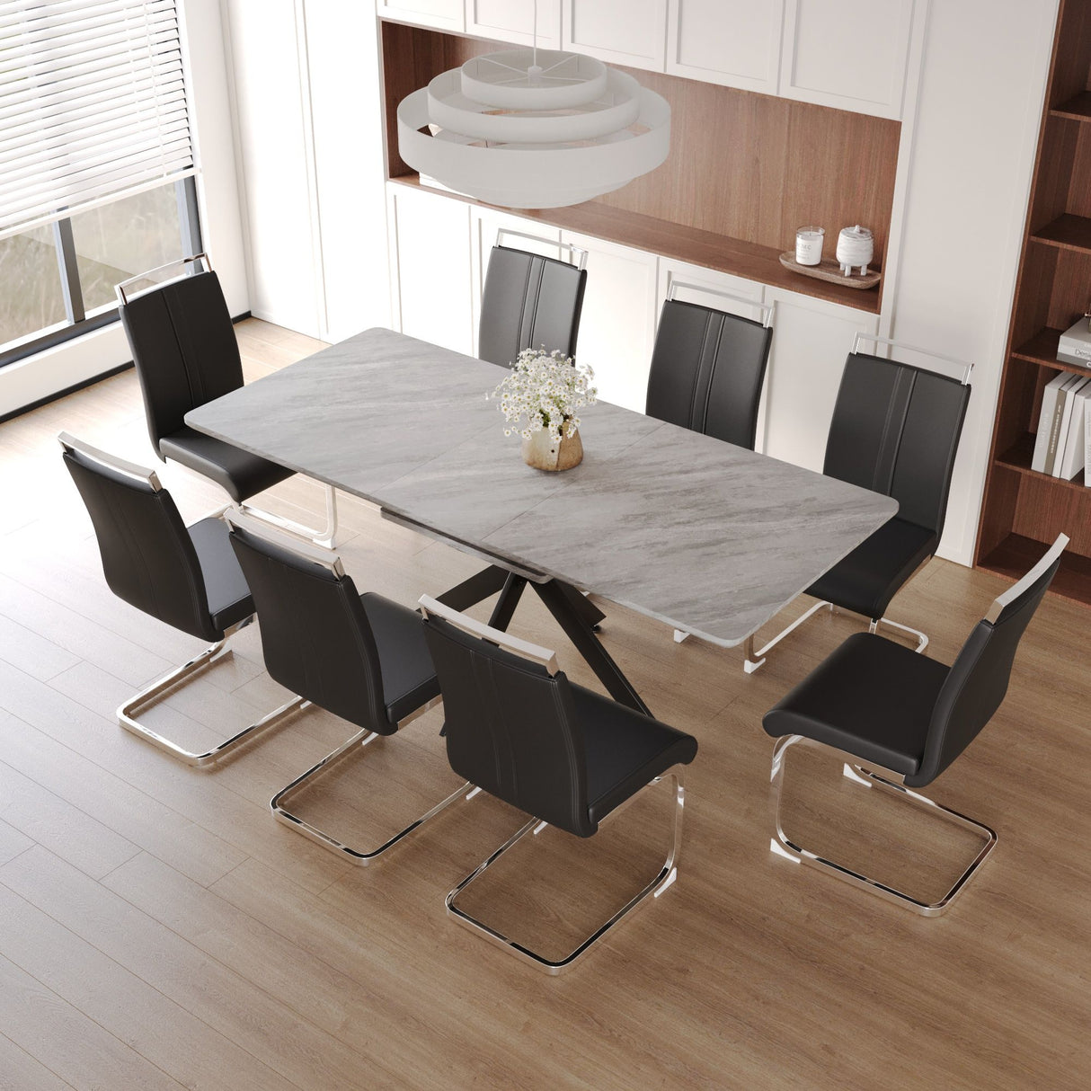 Modern Extendable Dining Table Set With Soft Padded Armless Chairs