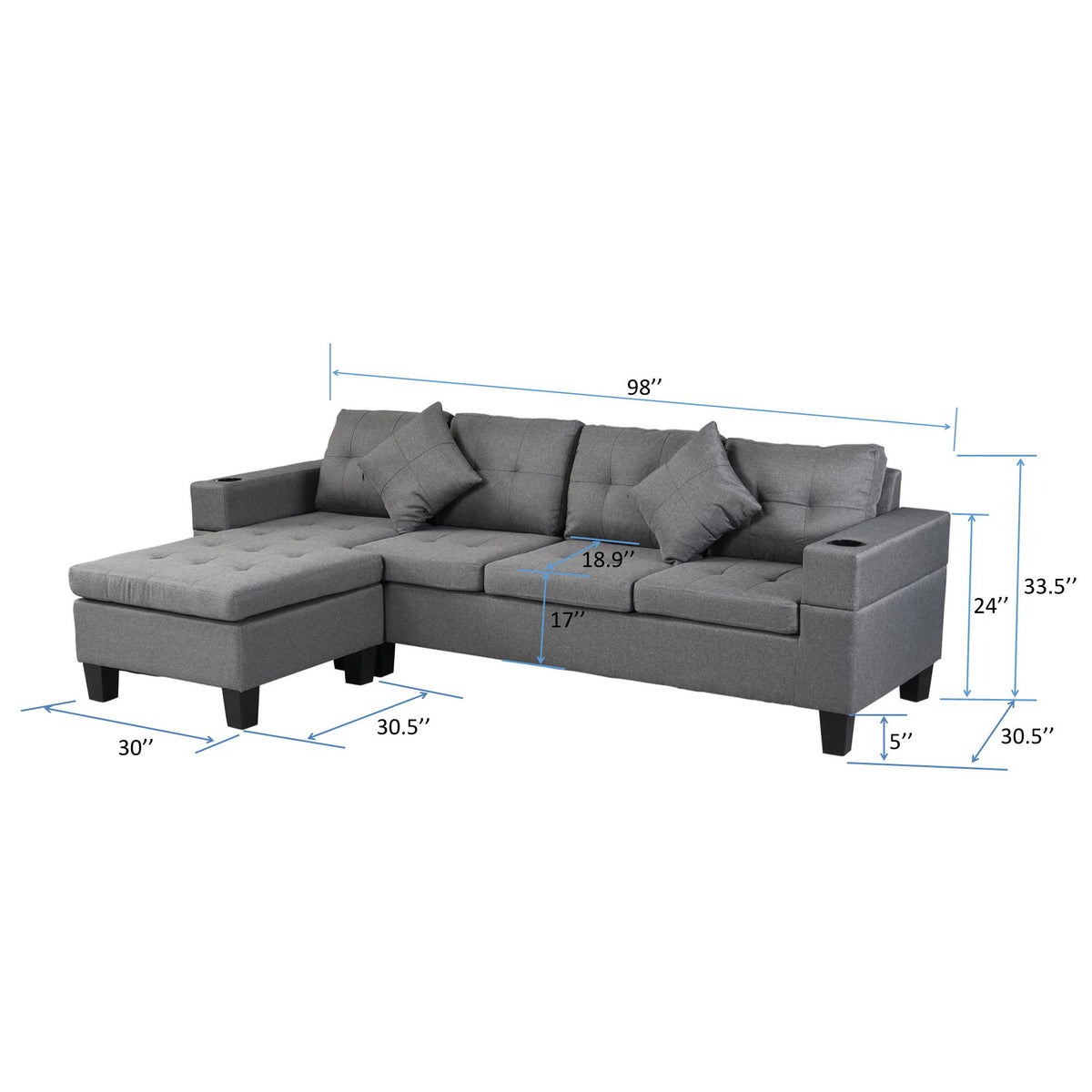 Modern Sectional Sofa Set With L Shape Chaise Lounge, Cup Holder, 4 Seat - Gray