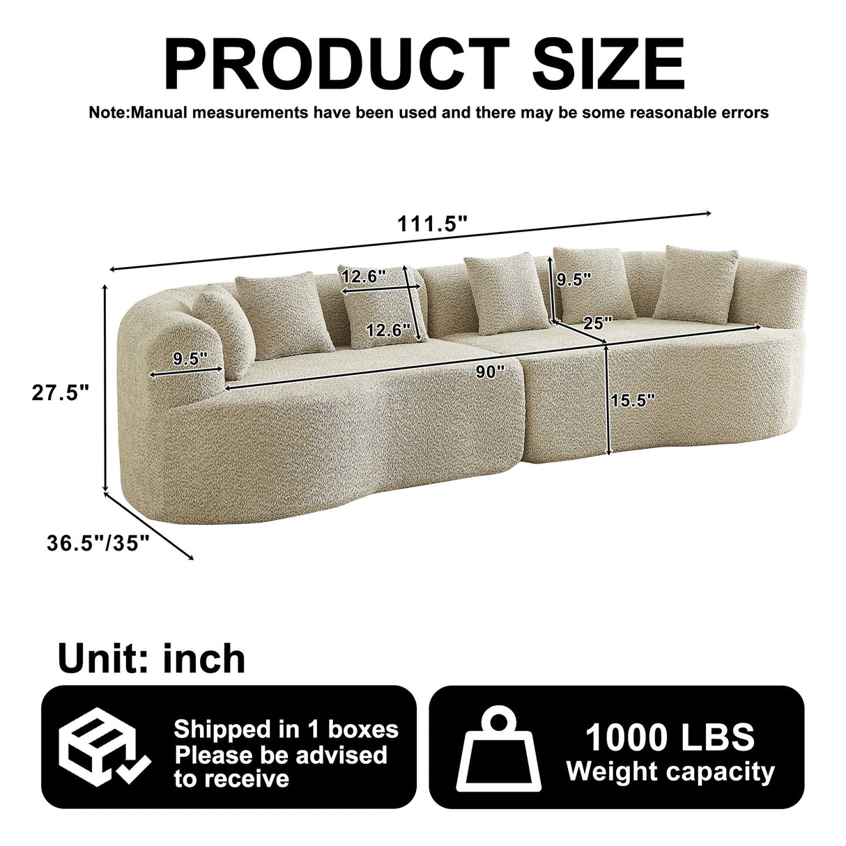 Curved Sectional Oversized Bone Free Cloud Sofa With 6 Pillows, 4 Seater With Deep Seat - Light Khaki
