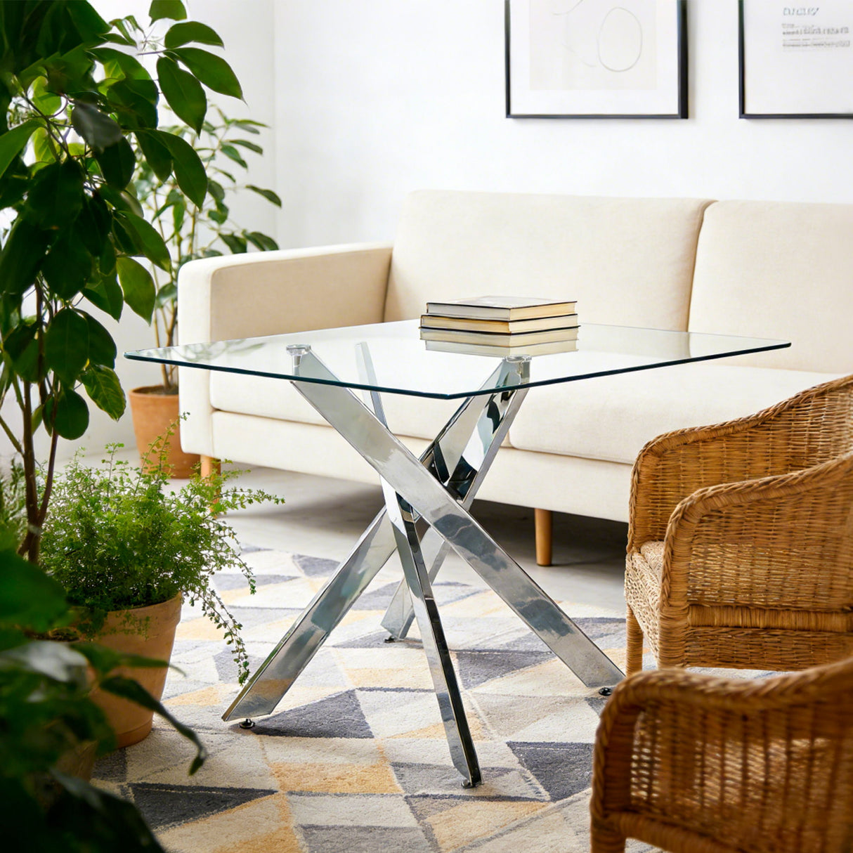 Dining Table With Cross Metal Leg And Tempered Glass, Modern Space Saving Kitchen Table For Living Room Legs, Square Table