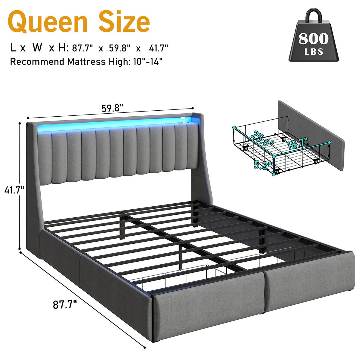 Upholstered Platform Bed Frame With RGB LED Lights, Charging Station & 2 Underbed Drawers