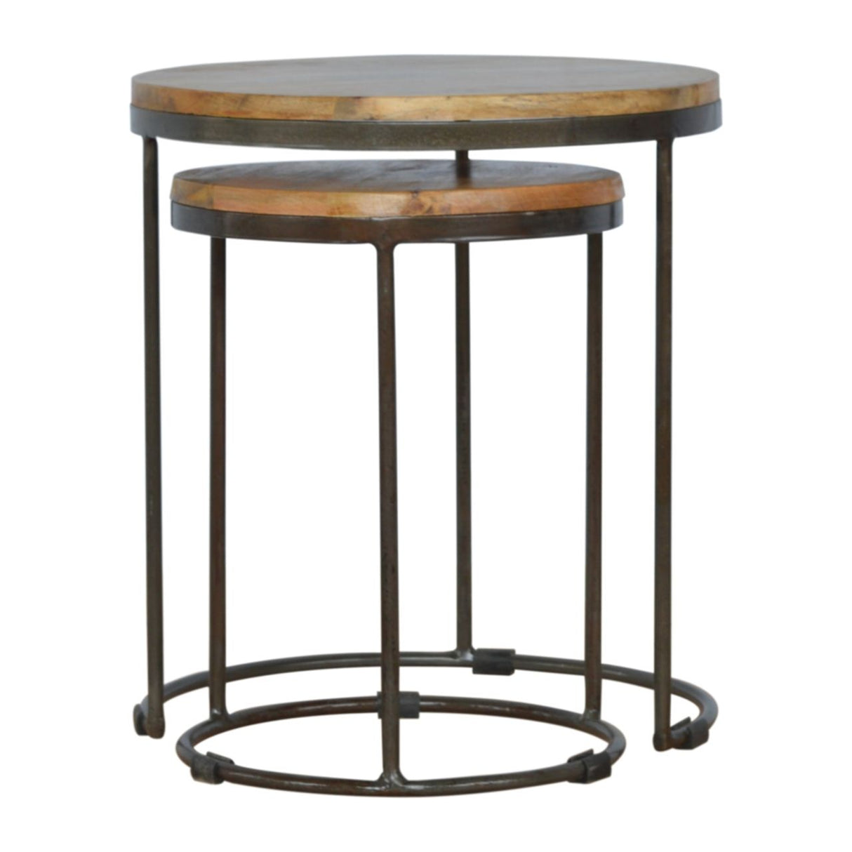Round Stool Table With Iron Base (Set of 2) - Brown / Black