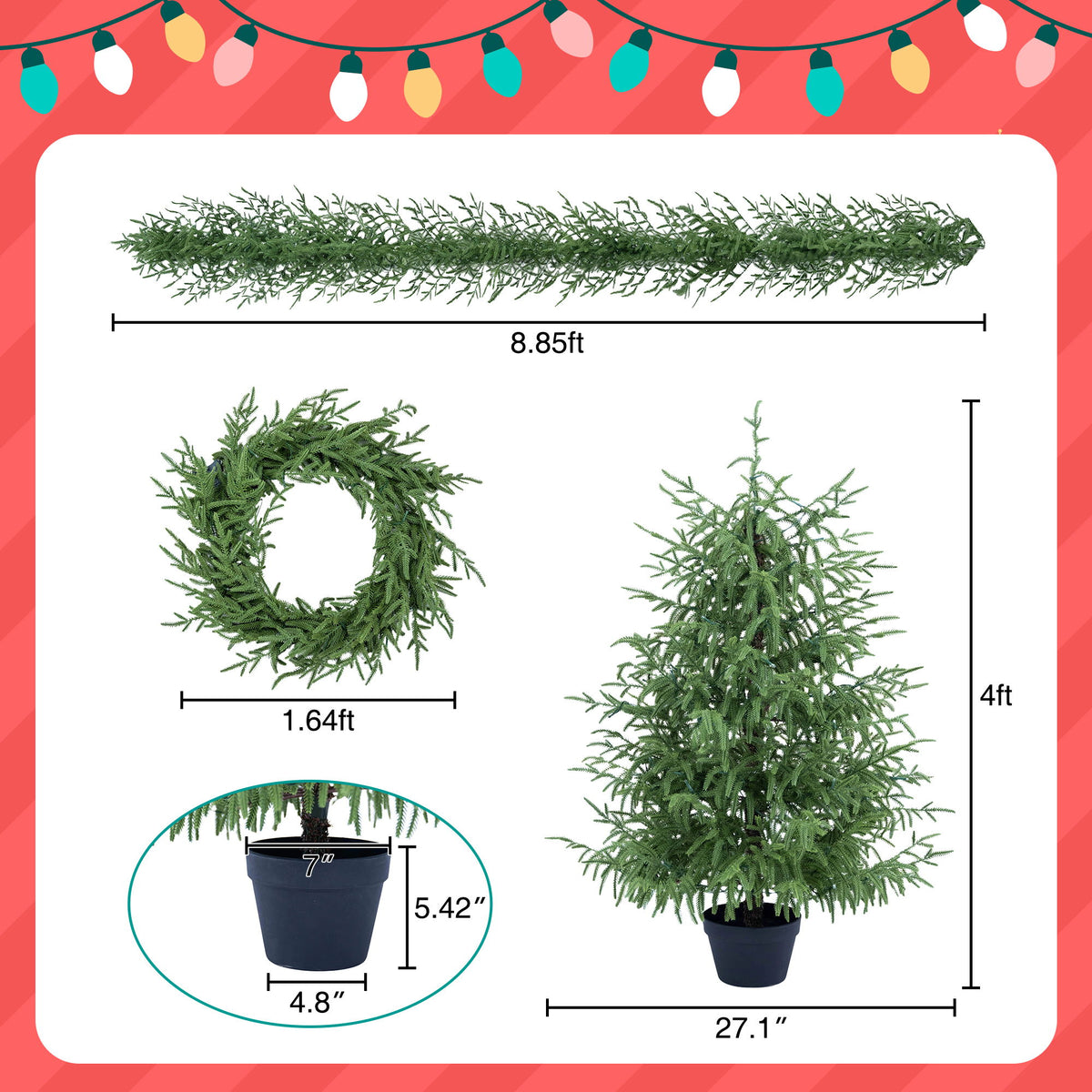 4 Piece Christmas Artificial Trees With Sturdy Bases, Pre Lit Wreath & Garland, Warm LED Lights, Indoor Holiday Decor - Green
