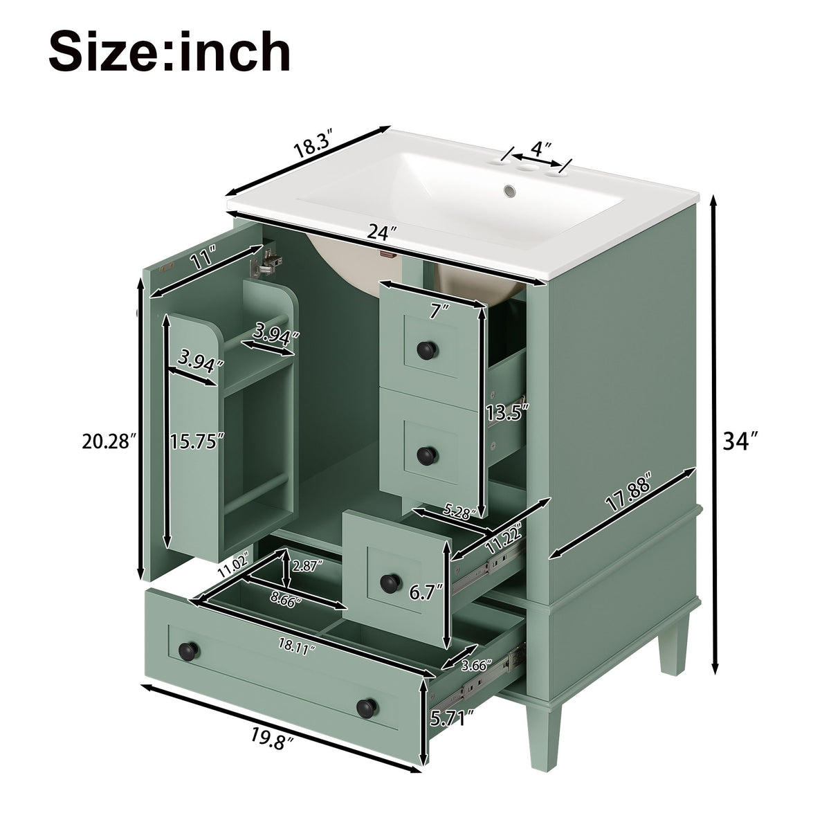 Bathroom Vanity With Integrated Basin, Soft Close Drawers, Door Mounted Double Layer Shelf