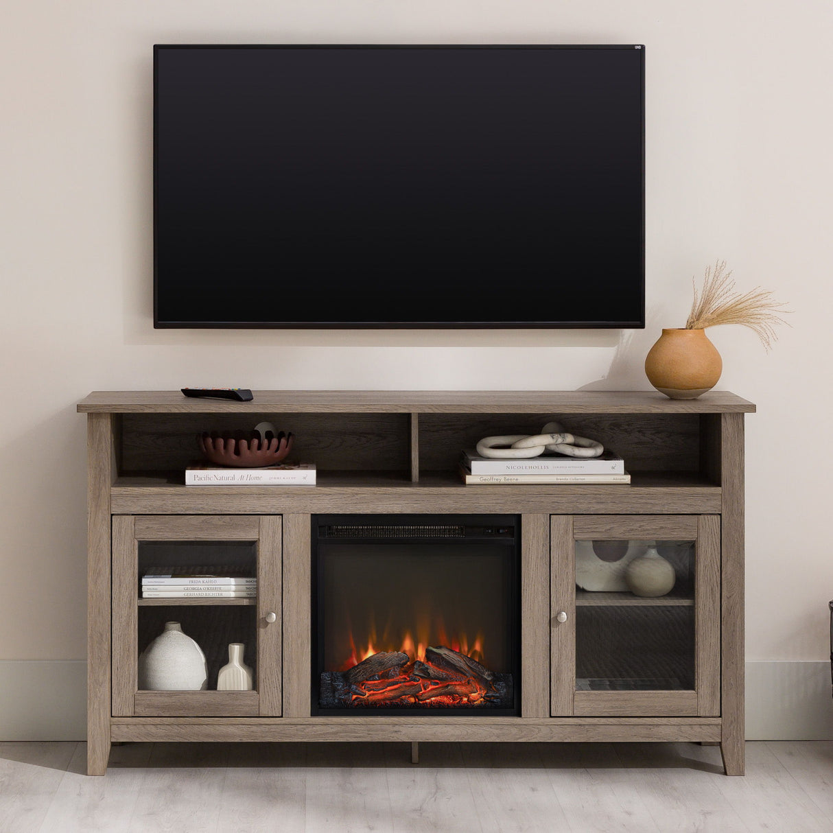 Classic Glass Door Fireplace Tall TV Stand For TVs Up To 65"