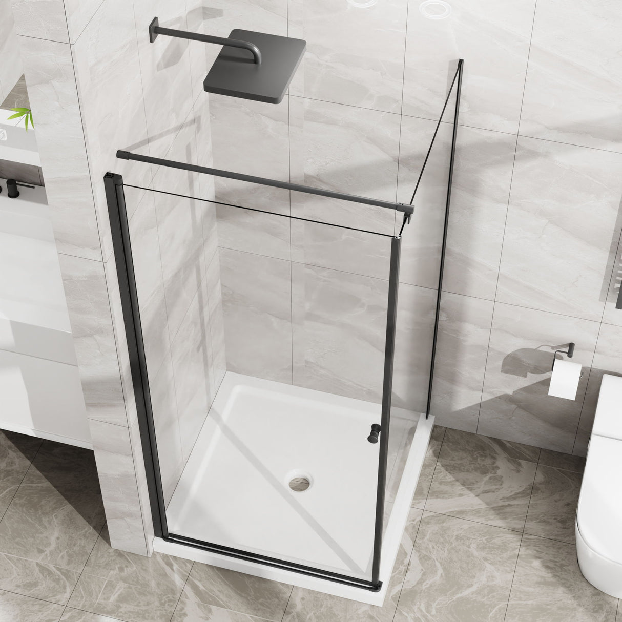 Corner Shower Enclosure, Frameless Pivot Door - Matte Black