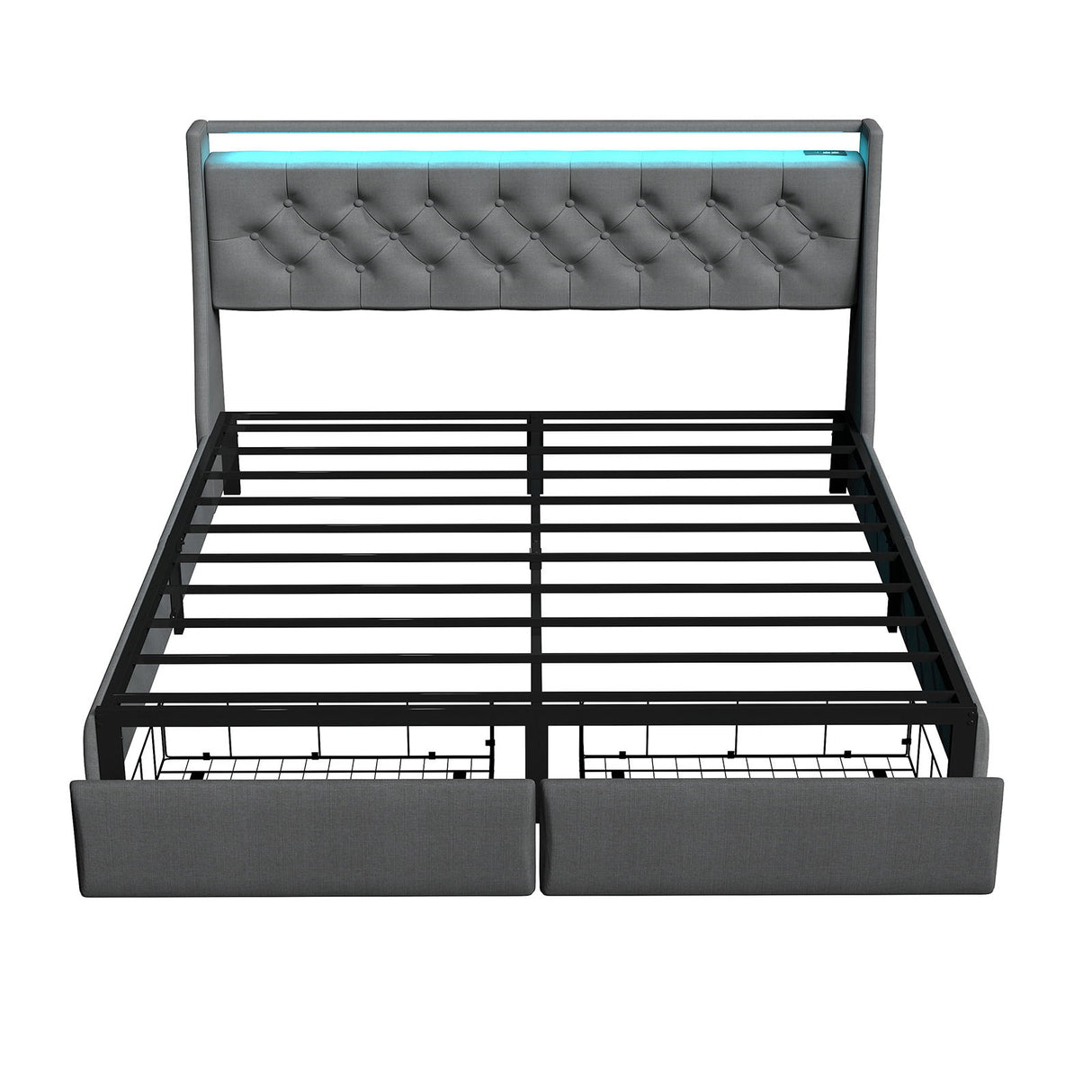 Floating Bed Frame With Rgb LED Light, 2 Storage Drawers & Headboard Shelf