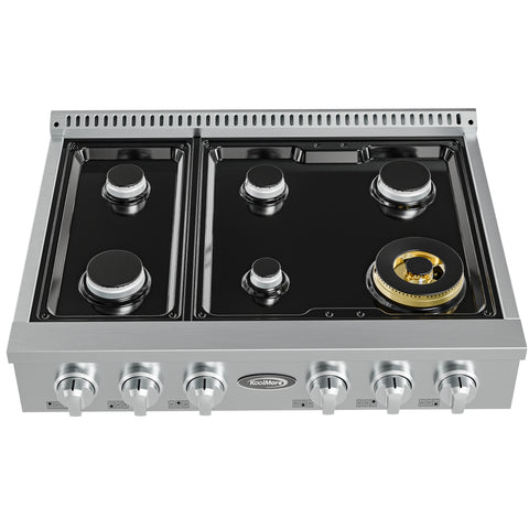 36 in Gas Range-Top with 6 Sealed Italian Burners and Stainless-Steel Stovetop Knobs.