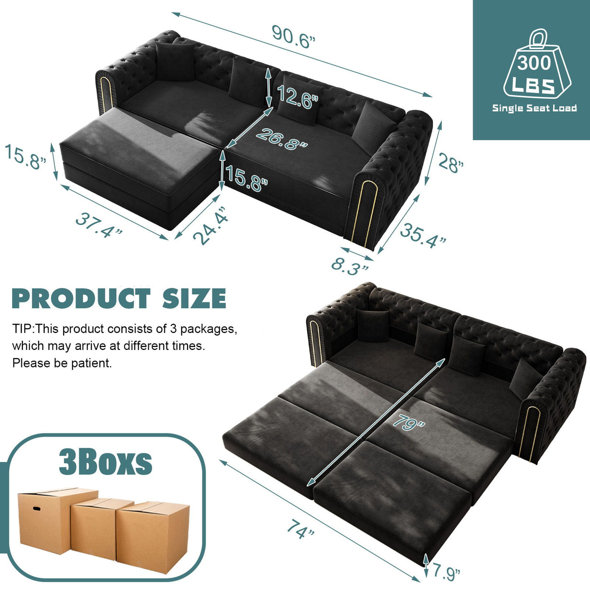 3-In-1 Convertible Sleeper Sofa With Movable Ottoman For Living Room