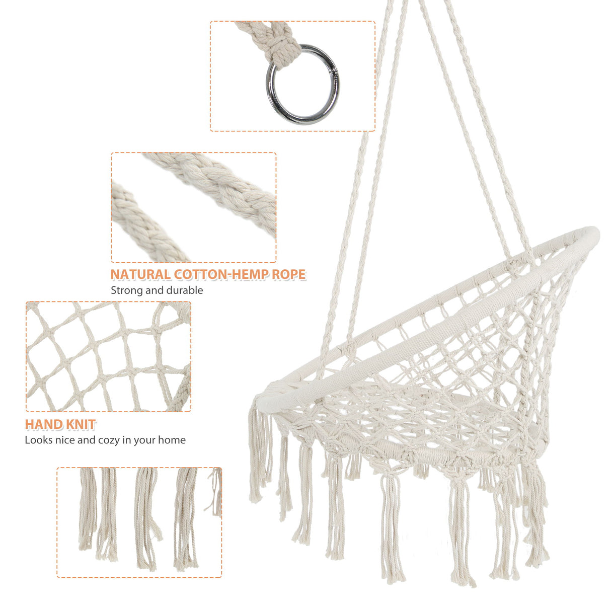 Macrame Hanging Hammock Chair, Cotton Rope Swing For Indoor And Outdoor Use