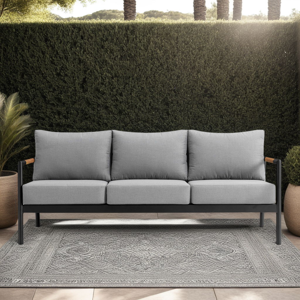 Crown - Aluminum And Teak Wood Outdoor Sofa - Black / Dark Gray