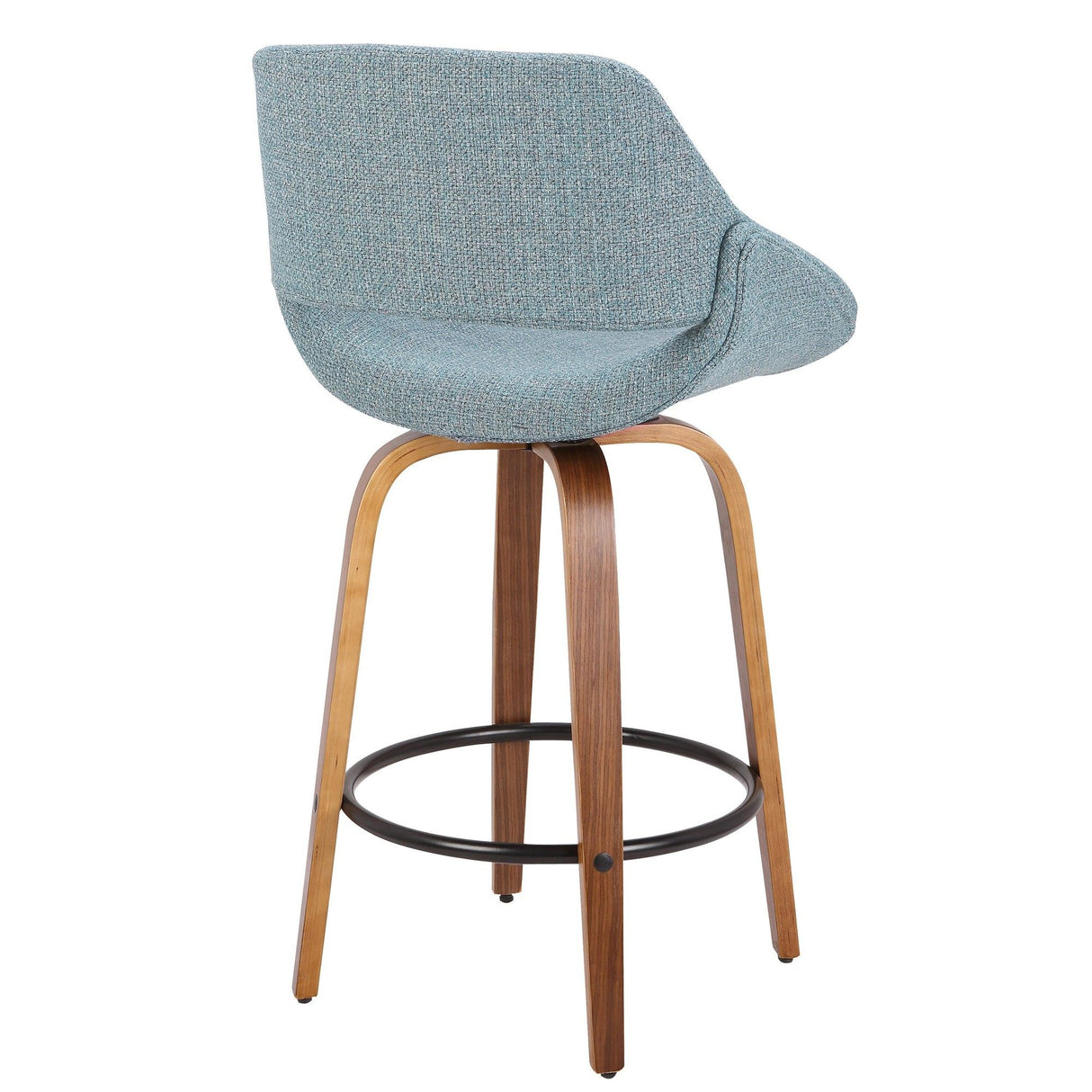 Fabrizzi - 26" Fixed-Height Counter Stool With Swivel And Round Black Metal Footrest (Set of 3) - Walnut Wood And Blue Noise Fabric