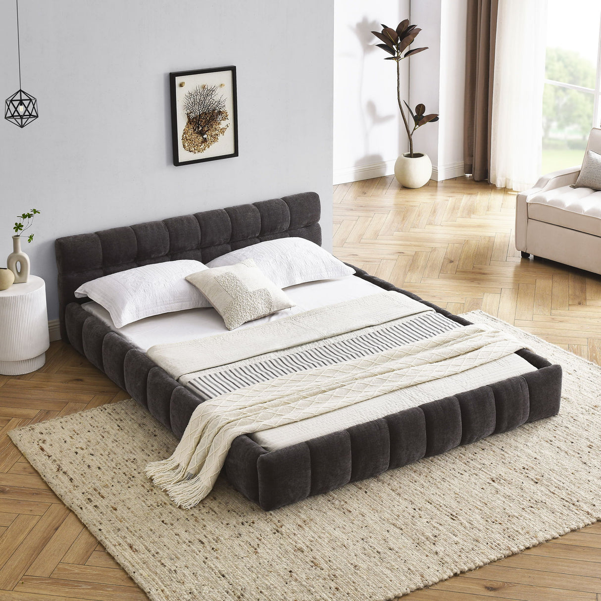 Modern Platform Bed Frame With Thick Chenille Fabric