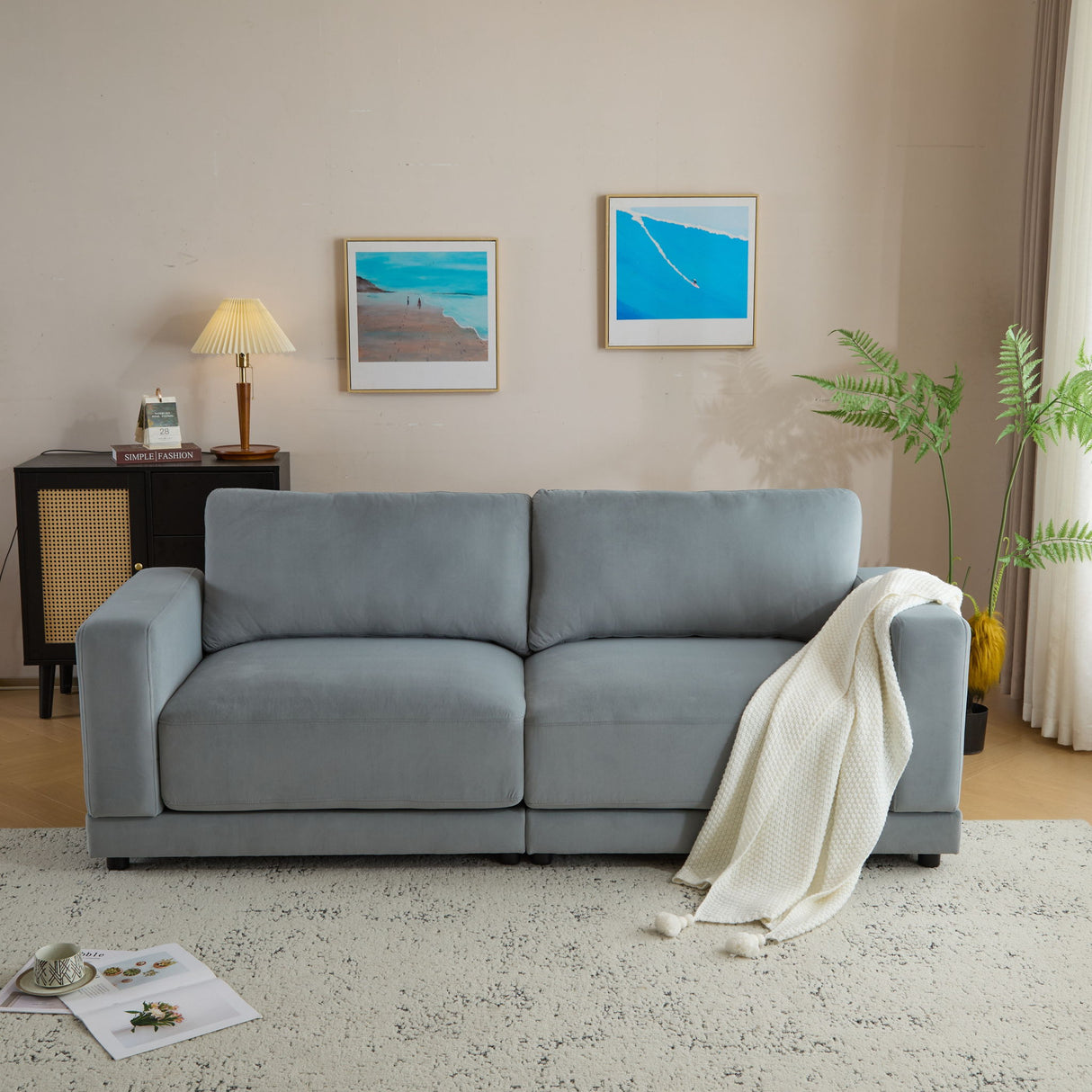 Modern Square Arm Sofa With Soft Fabric Upholstery, Deep Cushions