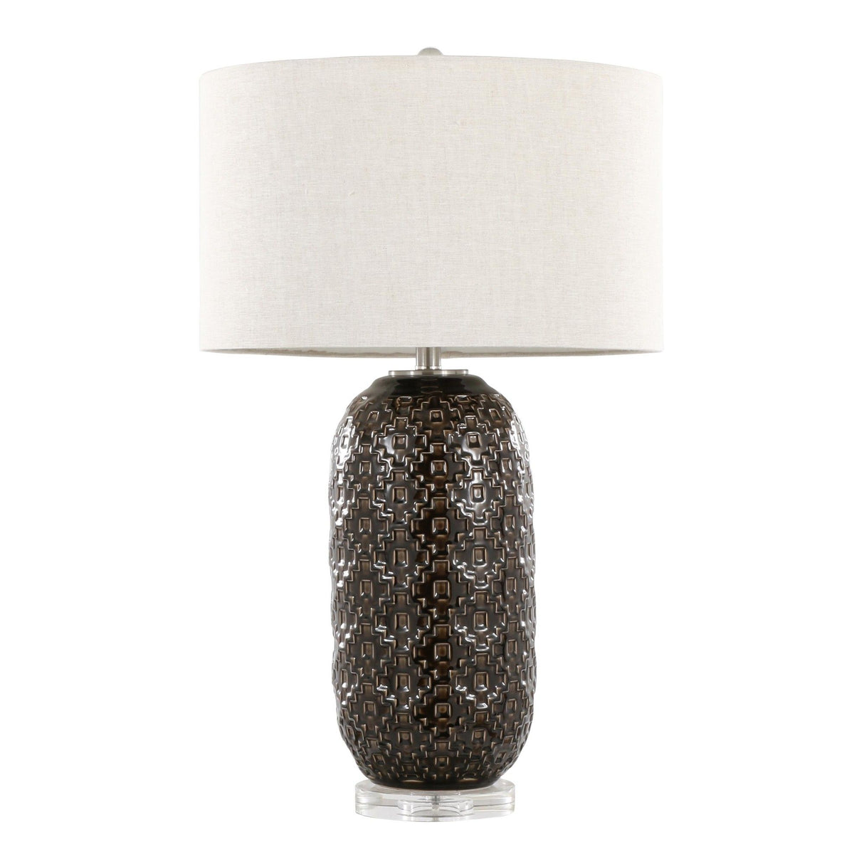 Onyx - 30" Table Lamp - Dark Gray Crackle Ceramic, Brushed Nickel And Clear Crystal With Gray Linen Shade