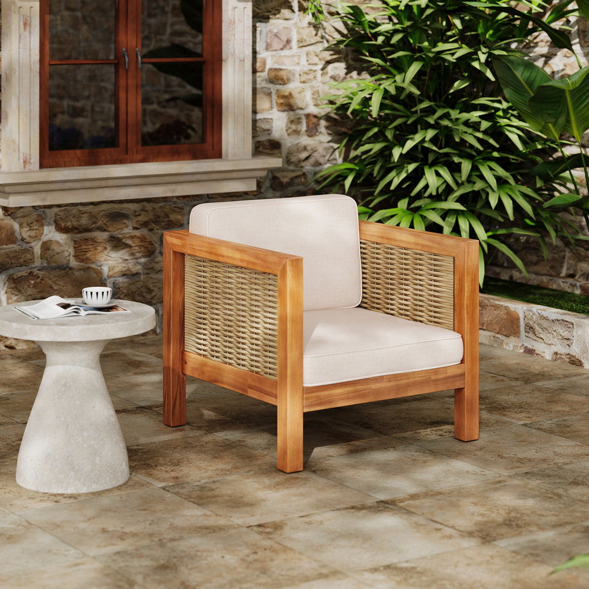 Outdoor Club Chair With Rope Arm And Cushions - Beige / Teak