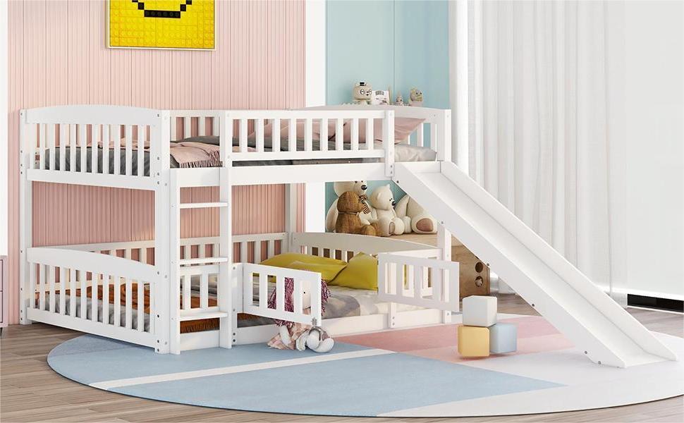 Low Bunk Bed With Slide, Fence And Ladder