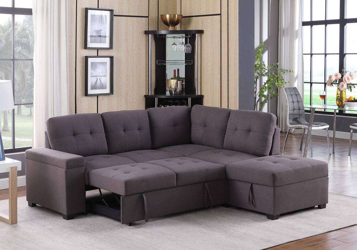 Katie - Sleeper Sectional Sofa With Storage Ottoman, Storage Arm - Brown