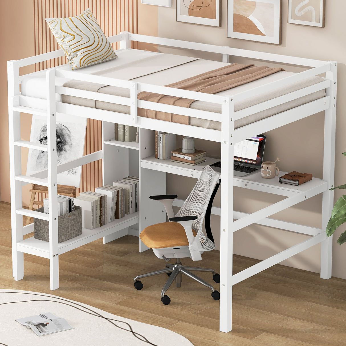Loft Bed With Built In Desk And Multifunction Shelves