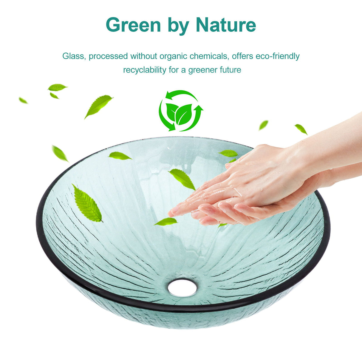 Vessel Sink With Trim, Round Bowl, Pop Up Drain (No Faucet) - Green