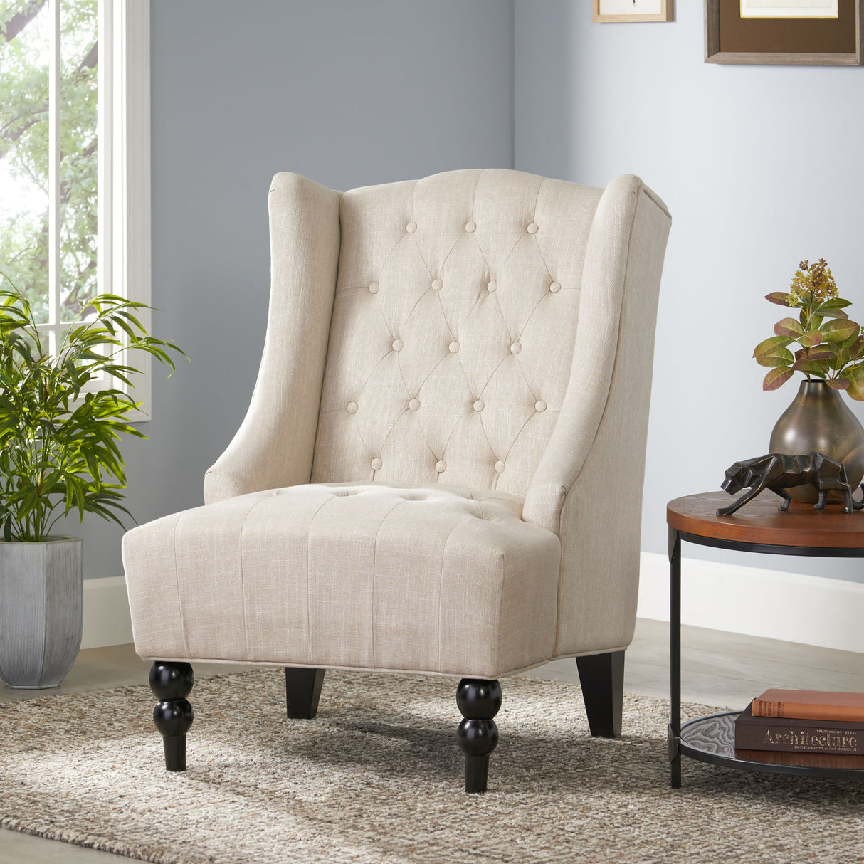 Contemporary Hi Back Club Chair With Wingback Design - Light Beige
