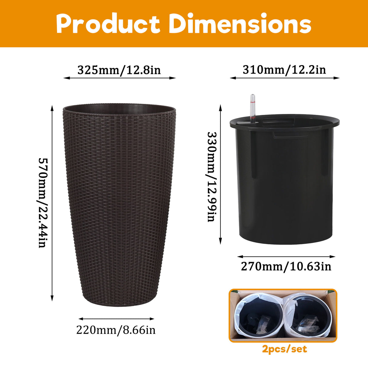 Tall Planters Set With Water Level Monitor And Auto Watering