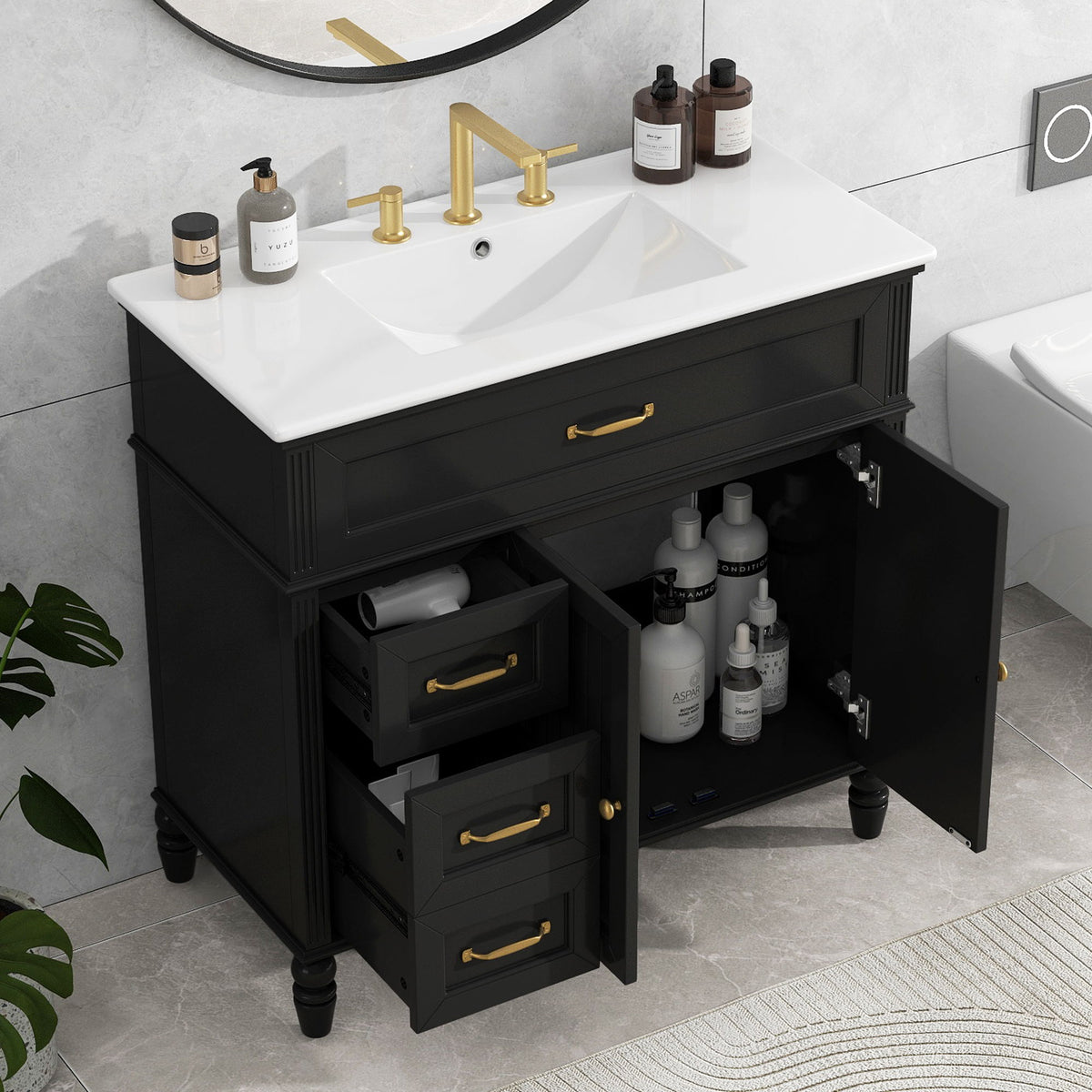 Bathroom Vanity With Sink, 2 Doors 2 Drawers - Black