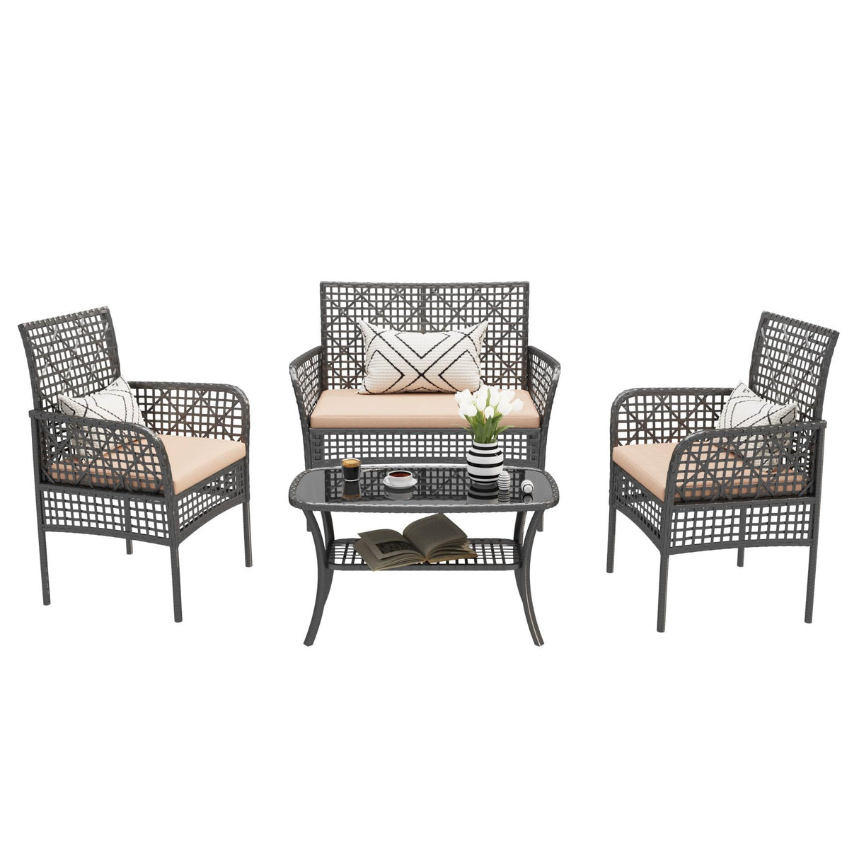 4 Pieces Rattan Wicker Chairs With Tempered Glass Table And Cushions