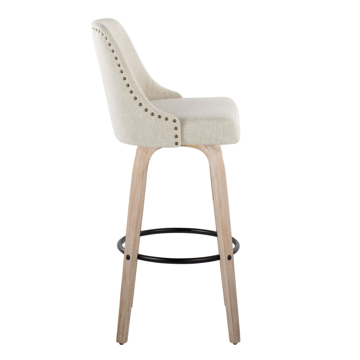 Marcel - 30" Fixed-Height Barstool With Swivel And Round Black Metal Footrest (Set of 2) - Whitewashed Wood