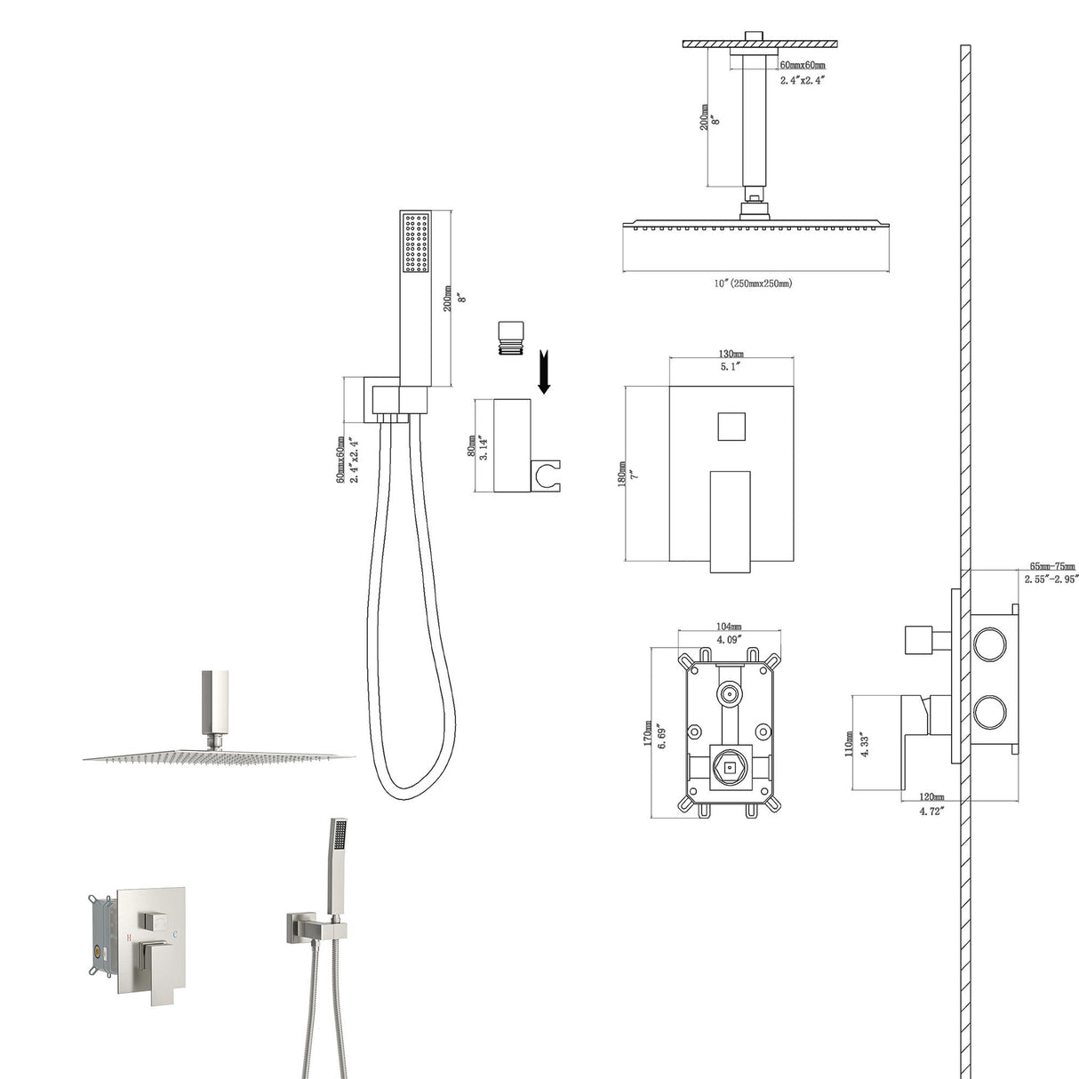 Dual Shower Head System With Ceiling Mount And Rough In Valve