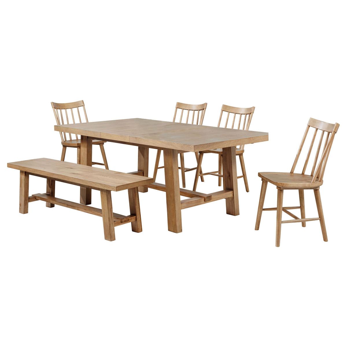 6 Piece Extension Leaf Dining Set With Expandable Table, Spindle Back Chairs And Bench - Natural