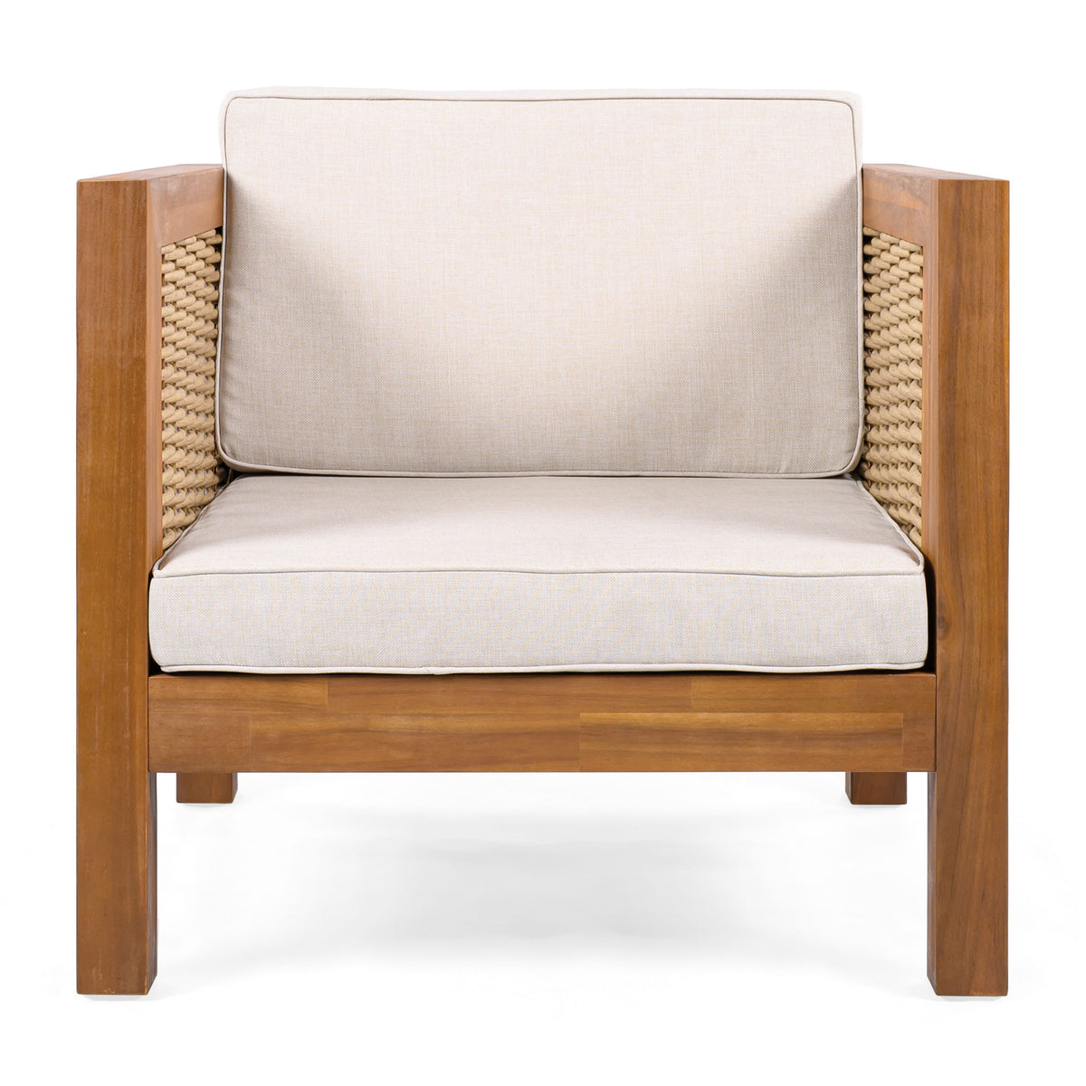 Outdoor Club Chair With Rope Arm And Cushions - Beige / Teak