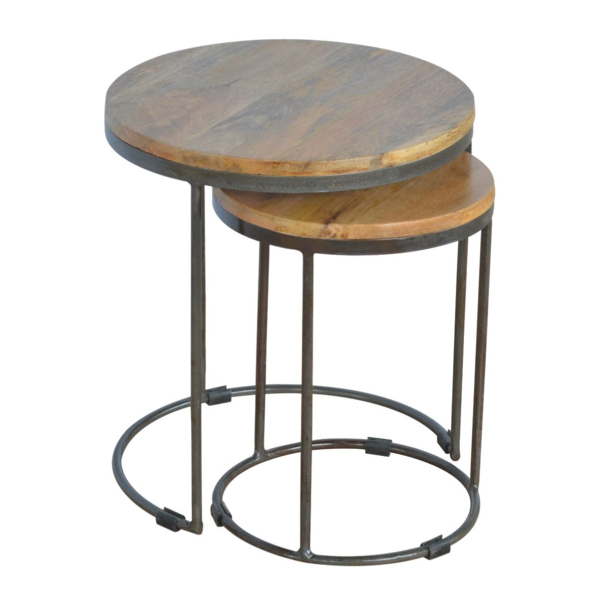 Round Stool Table With Iron Base (Set of 2) - Brown / Black