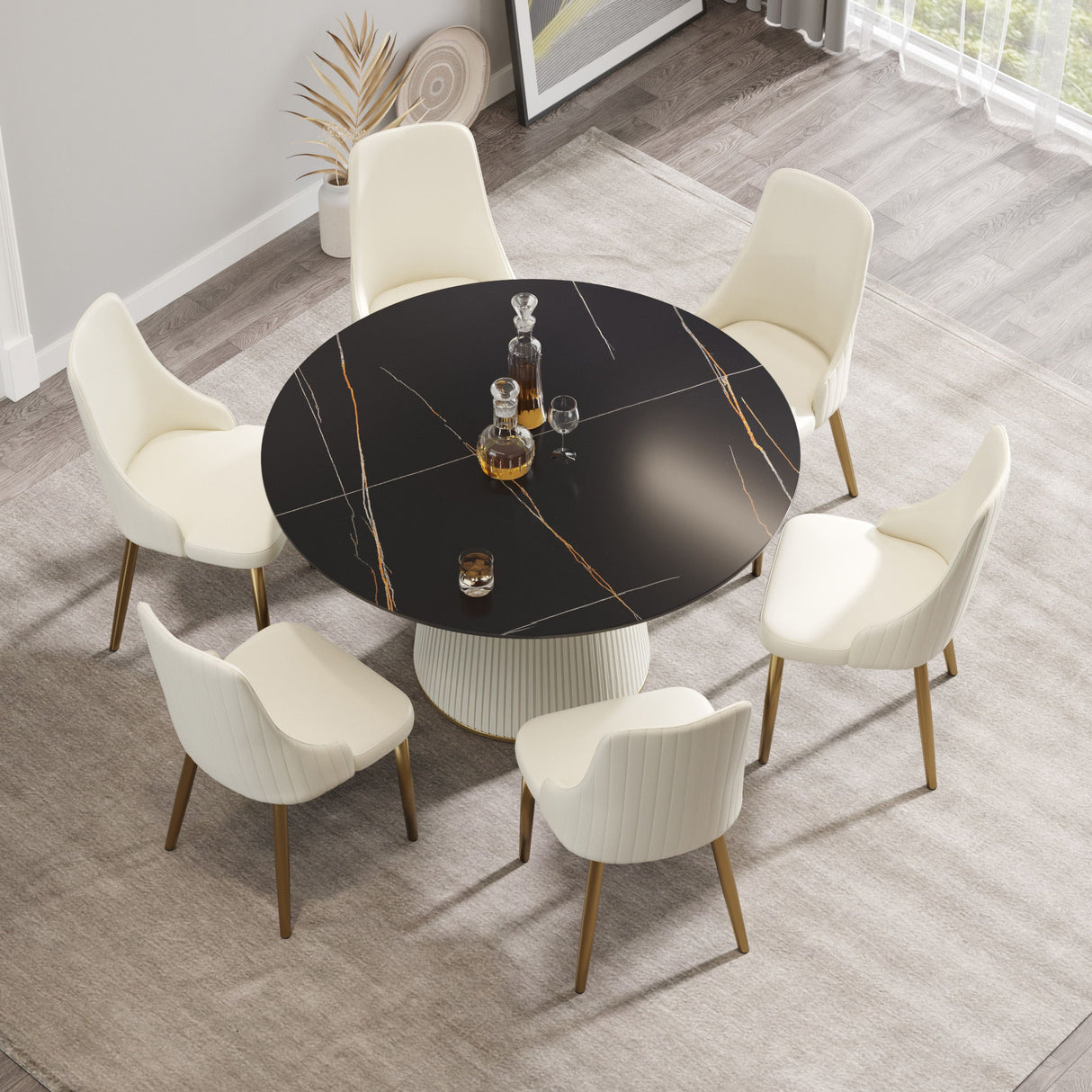 Modern Artificial Stone Round Plywood Base Dining Table, Can Accommodate 6 People, (Not Including Chairs) - Black / Beige